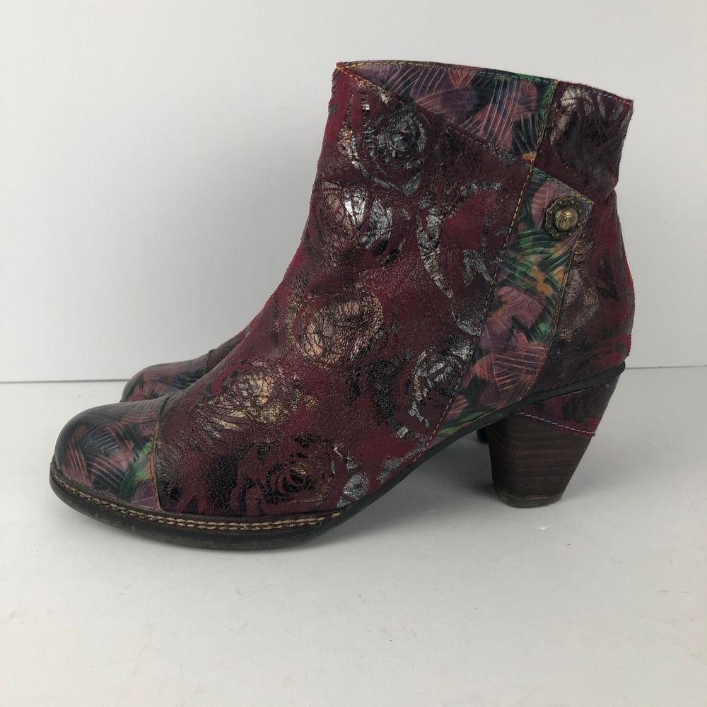 L'Artiste Spring Step Waterlily Floral Leather Ankle Boots Sz 39 Red Metallic - Picture 5 of 16